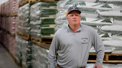Top Class Lawn Care Owner Jake Wilson at his supplier's warehouse in Riverside, Mo., March 26, 2026.