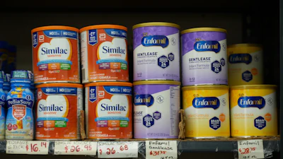 Canisters of infant formula are priced as high as $31.75 per 12.4-ounces at a market serving the Central American immigrant community in the Westlake/Pico Union area of Los Angeles, Tuesday, April 7, 2026.
