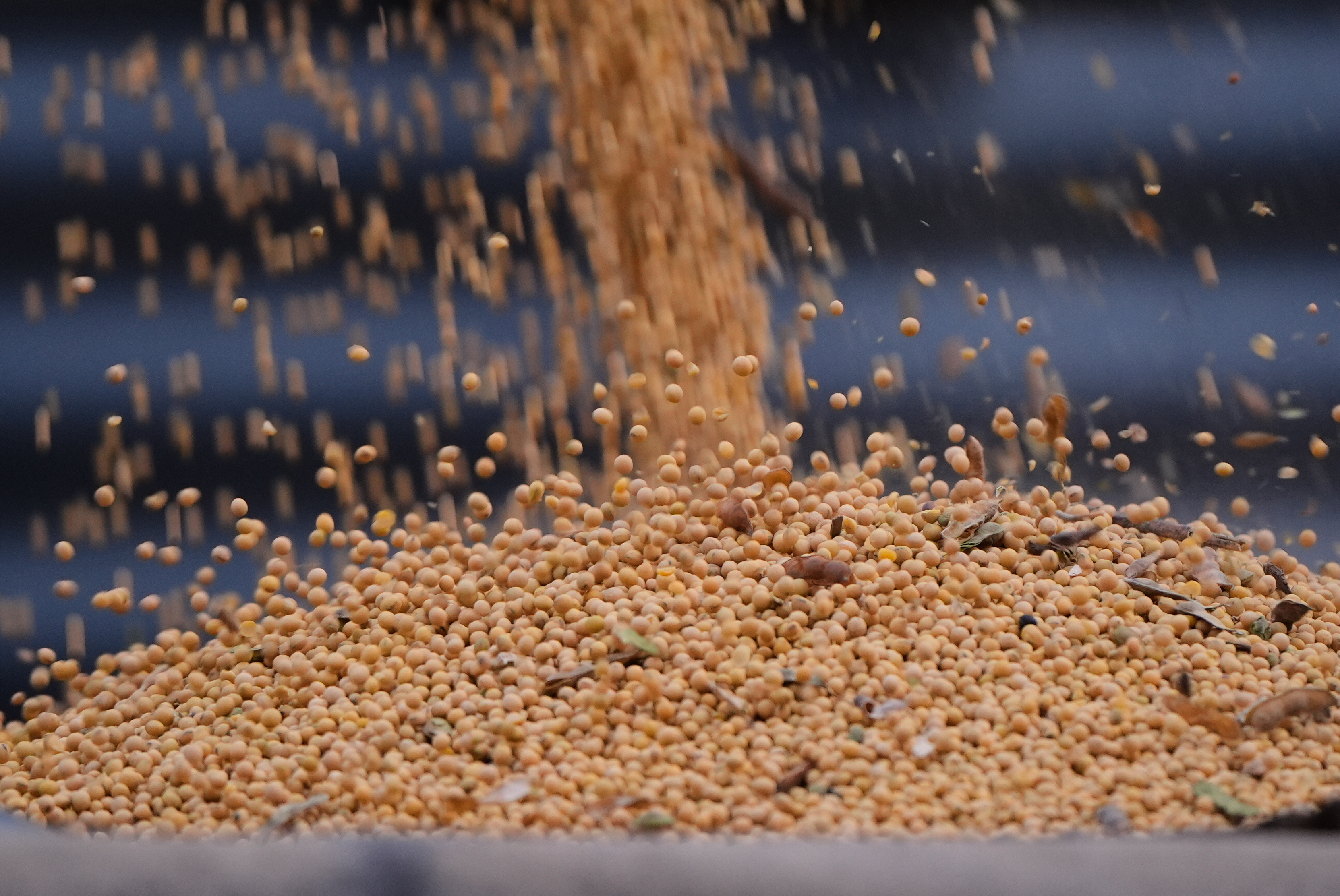 Soybeans from last year's harvest are loaded into a truck at Doug Bartek's farm near Wahoo, Neb., April 6, 2026.