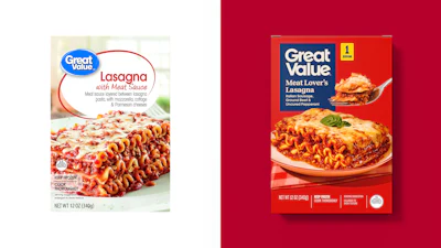 From left: Walmart's Great Value Kettle Cooked Lasagna and the redesigned packaging for Walmart's Great Value Lasagna.
