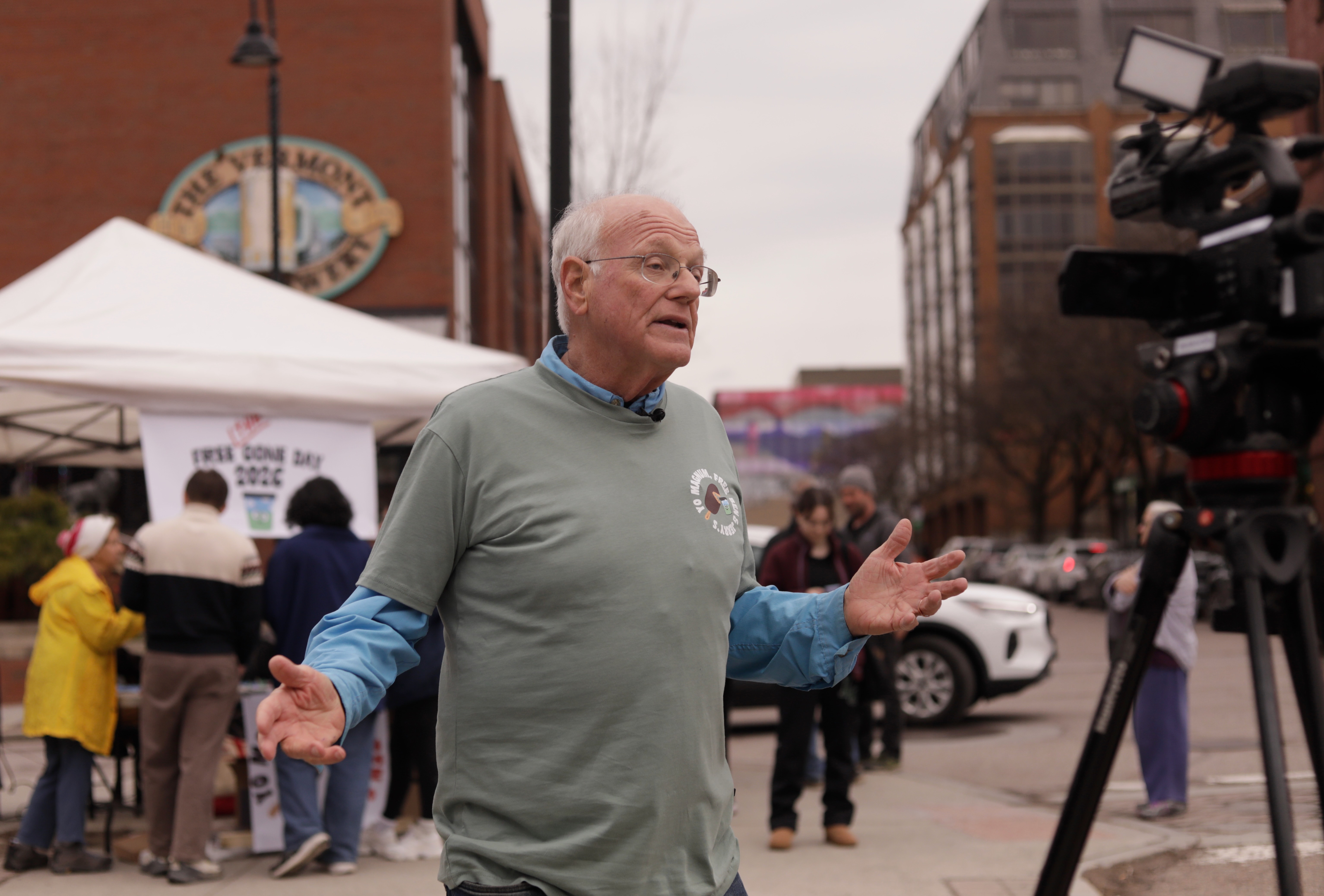 Ben and Jerry's co-founder Ben Cohen speaks during an interview about his 'Free the Cone Day' campaign, Burlington, Vt., April 14, 2026.