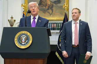 President Donald Trump, left, speaks during an event with Environmental Protection Agency director Lee Zeldin in the Roosevelt Room of the White House, Feb. 12, 2026, in Washington.
