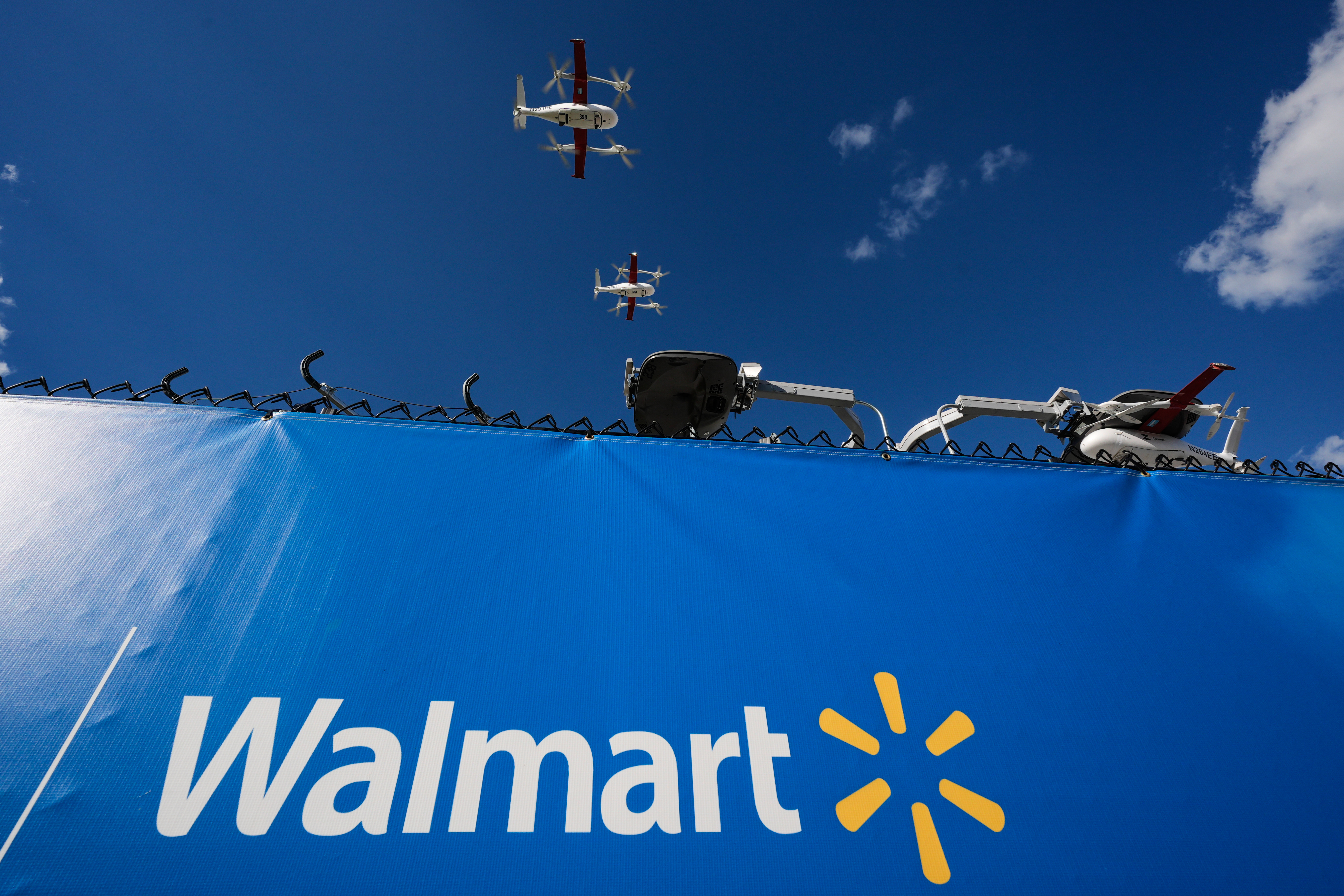 Drones operated by Zipline leave base to make deliveries from a Walmart store in Pea Ridge, Ark., Sept. 26, 2025.