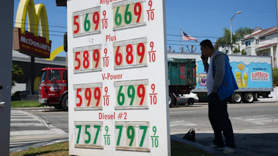 Prices displayed at a gas station in Los Angeles, April 7, 2026.