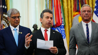 NIH Director Jay Bhattacharya, FDA Commissioner Marty Makary and HHS Secretary Robert F. Kennedy Jr. in the Oval Office of the White House, April 18, 2026.