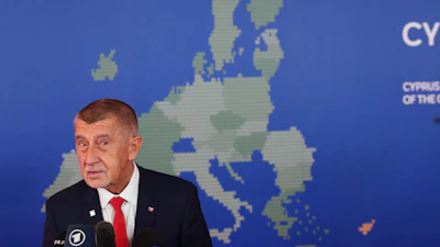Czech Prime Minister Andrej Babis speaks with the media as he arrives for the EU Summit in Nicosia, Cyprus, April 24, 2026.