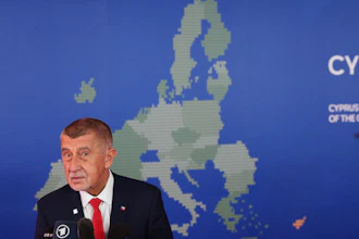 Czech Prime Minister Andrej Babis speaks with the media as he arrives for the EU Summit in Nicosia, Cyprus, April 24, 2026.