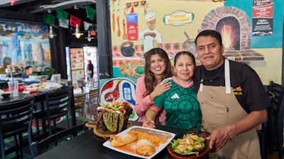 Chef Marco Mendoza, right, his wife Maria Luisa Mendoza, center, and daughter Nayomie Mendoza at Cuernavaca's Grill in Los Angeles, April 28, 2026.