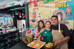 Chef Marco Mendoza, right, his wife Maria Luisa Mendoza, center, and daughter Nayomie Mendoza at Cuernavaca's Grill in Los Angeles, April 28, 2026.