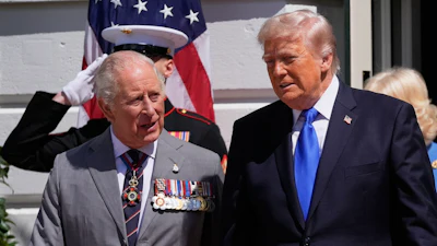President Donald Trump and first lady Melania Trump bid farewell to Britain's King Charles III and Queen Camilla on the South Lawn of the White House, April 30, 2026.