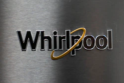 A logo for Whirlpool is seen at Riegelmann's Appliance on April 3, 2025, in Gresham, Ore.