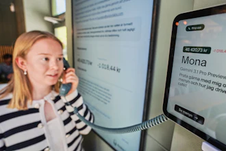 Hanna Petersson, a member of Andon Labs’ technical staff, uses a telephone to speak with Andon Café's AI agent, 'Mona,' in Stockholm, May 5, 2026.