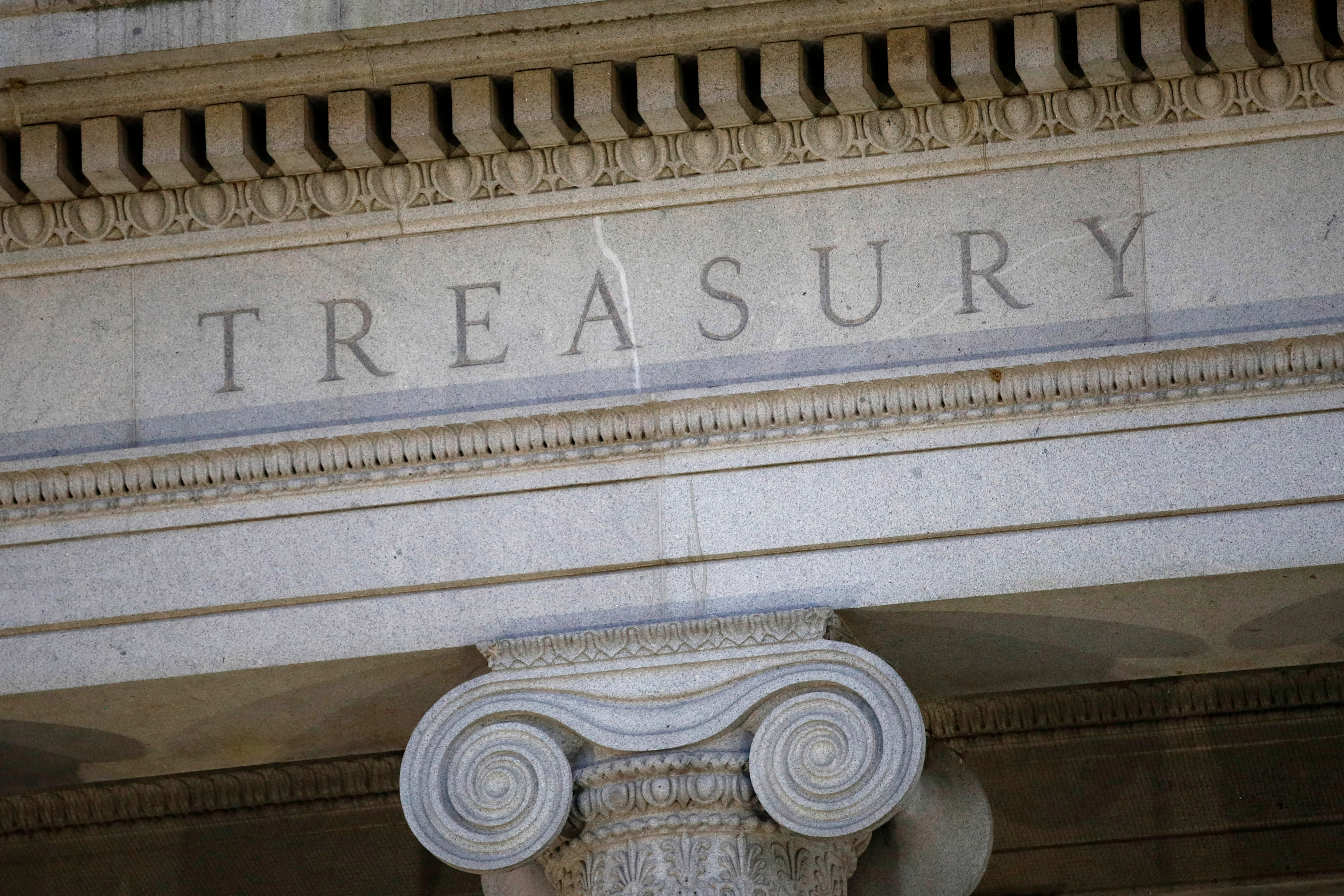 The Treasury Department building is pictured at dusk in Washington, June 6, 2019.