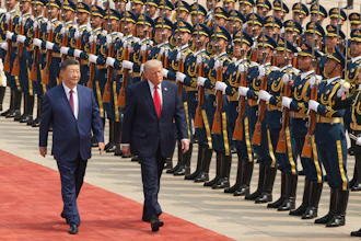 President Donald Trump participates in a welcome ceremony with China's President Xi Jinping at the Great Hall of the People, Beijing, May 14, 2026.