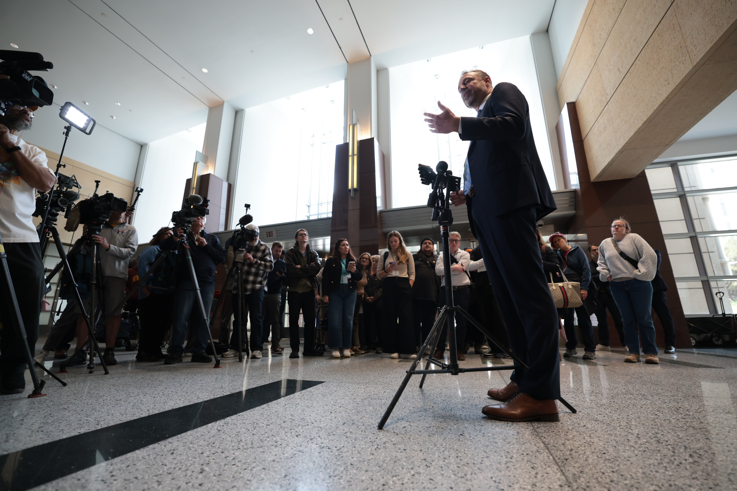 Acting U.S. Attorney Joe Thompson addresses the media following the sentencing of Feeding Our Future founder Aimee Bock, May 21, 2026, at the U.S. District Court in Minneapolis.
