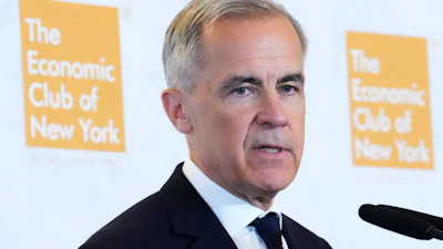 Canadian Prime Minister Mark Carney delivers a speech and takes part in an armchair discussion at The Economic Club of New York, May 28, 2026.