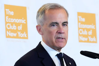 Canadian Prime Minister Mark Carney delivers a speech and takes part in an armchair discussion at The Economic Club of New York, May 28, 2026.