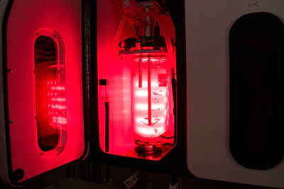 A seaweed bioreactor circulates kelp gametophytes, little seaweed cells, under controlled light and temperature conditions Friday, March 13, 2026, at the Woods Hole Oceanographic Institution in Woods Hole, Mass.