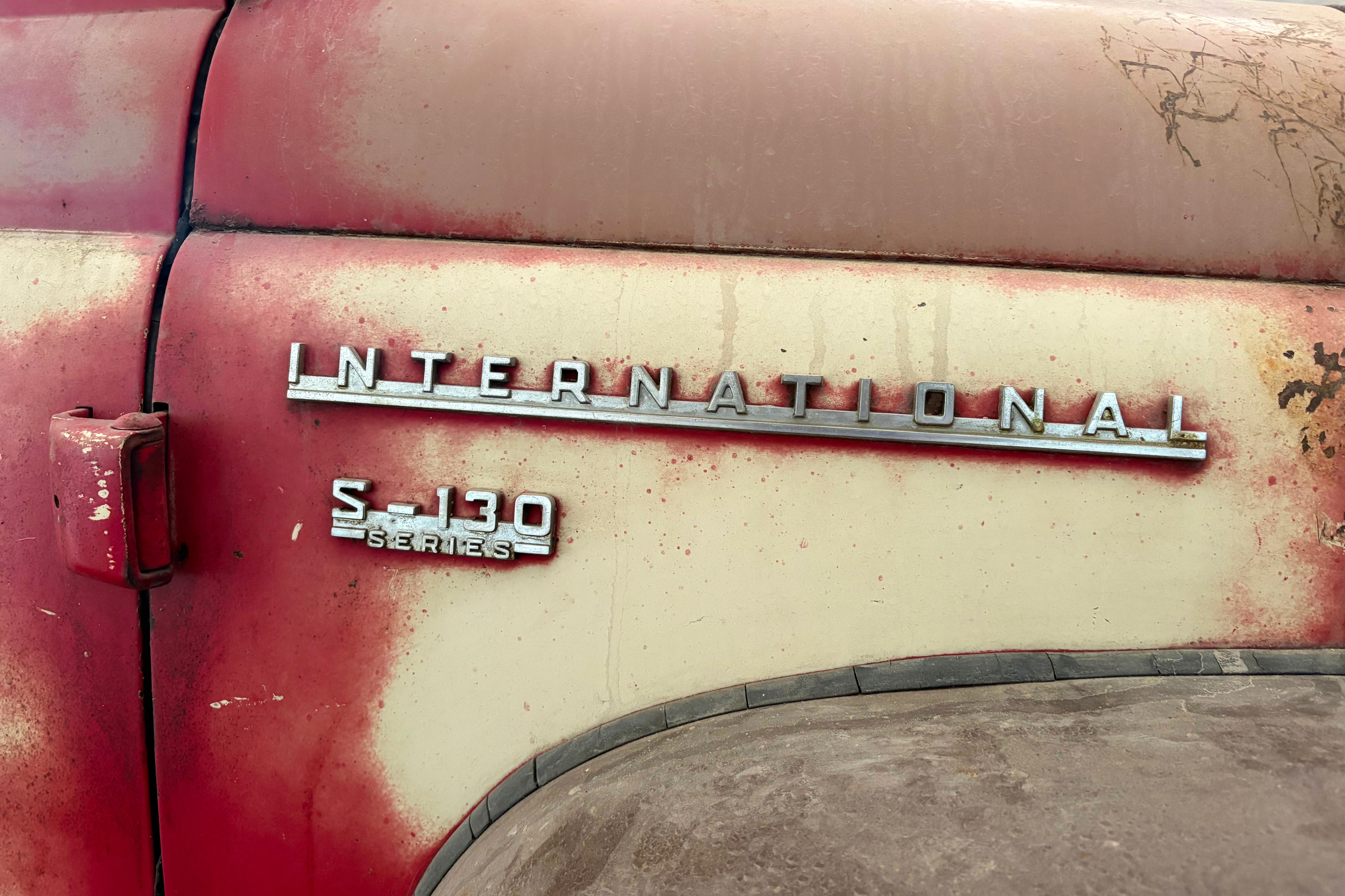 The make and series are displayed on the side of a 1956 International Harvester S-130 pickup truck in Mason, Ill., Sunday, May 24, 2026.