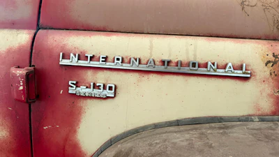 The make and series are displayed on the side of a 1956 International Harvester S-130 pickup truck in Mason, Ill., Sunday, May 24, 2026.