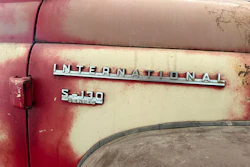 The make and series are displayed on the side of a 1956 International Harvester S-130 pickup truck in Mason, Ill., Sunday, May 24, 2026.