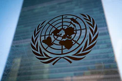 The symbol of the United Nations is displayed outside the Secretariat Building, Feb. 28, 2022.