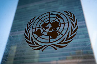 The symbol of the United Nations is displayed outside the Secretariat Building, Feb. 28, 2022.