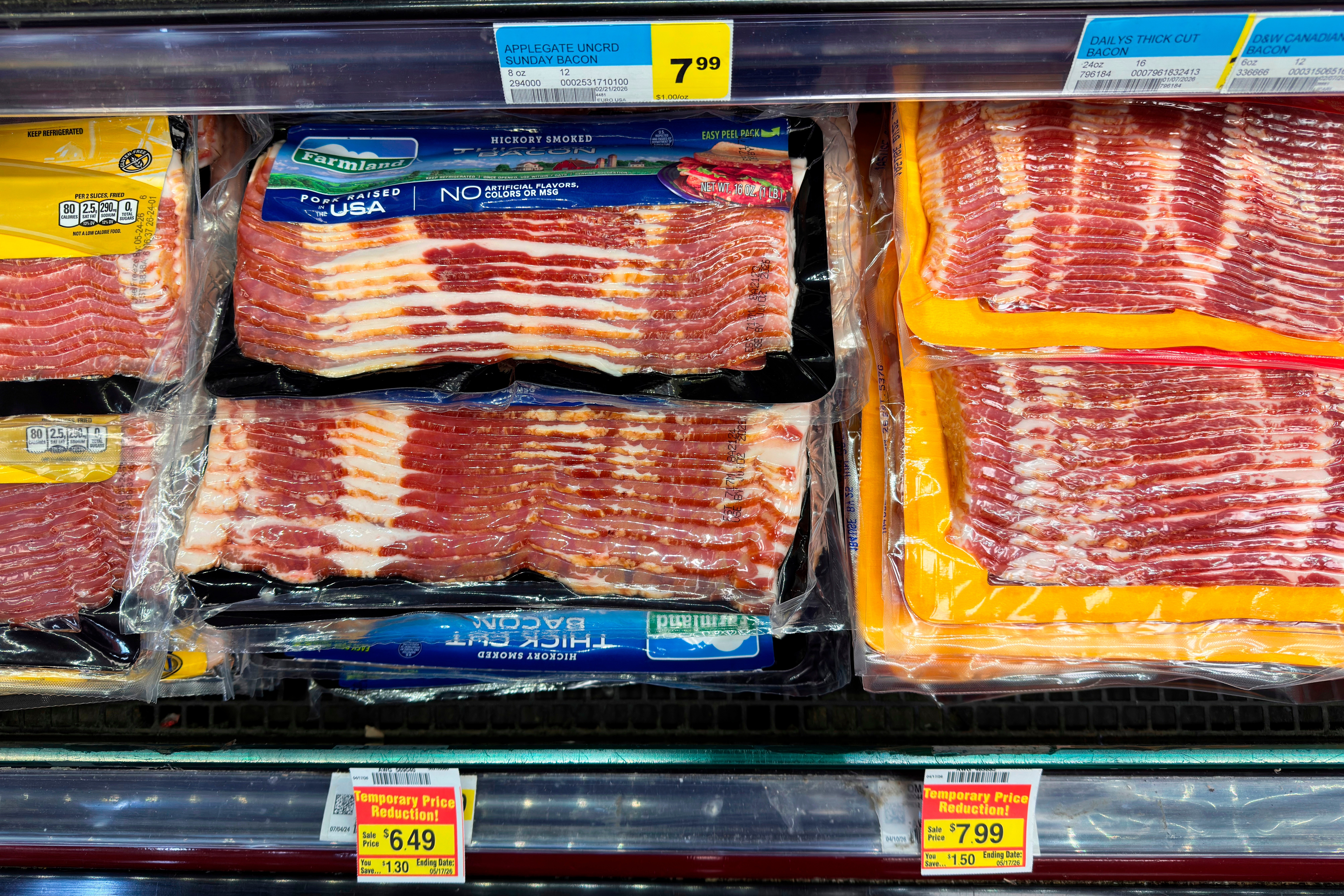 Bacon is displayed at a grocery store in Chicago, April 29, 2026.