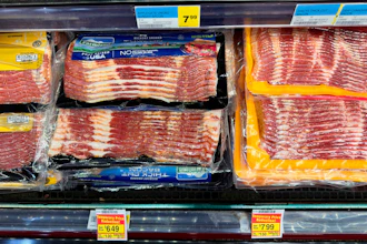 Bacon is displayed at a grocery store in Chicago, April 29, 2026.