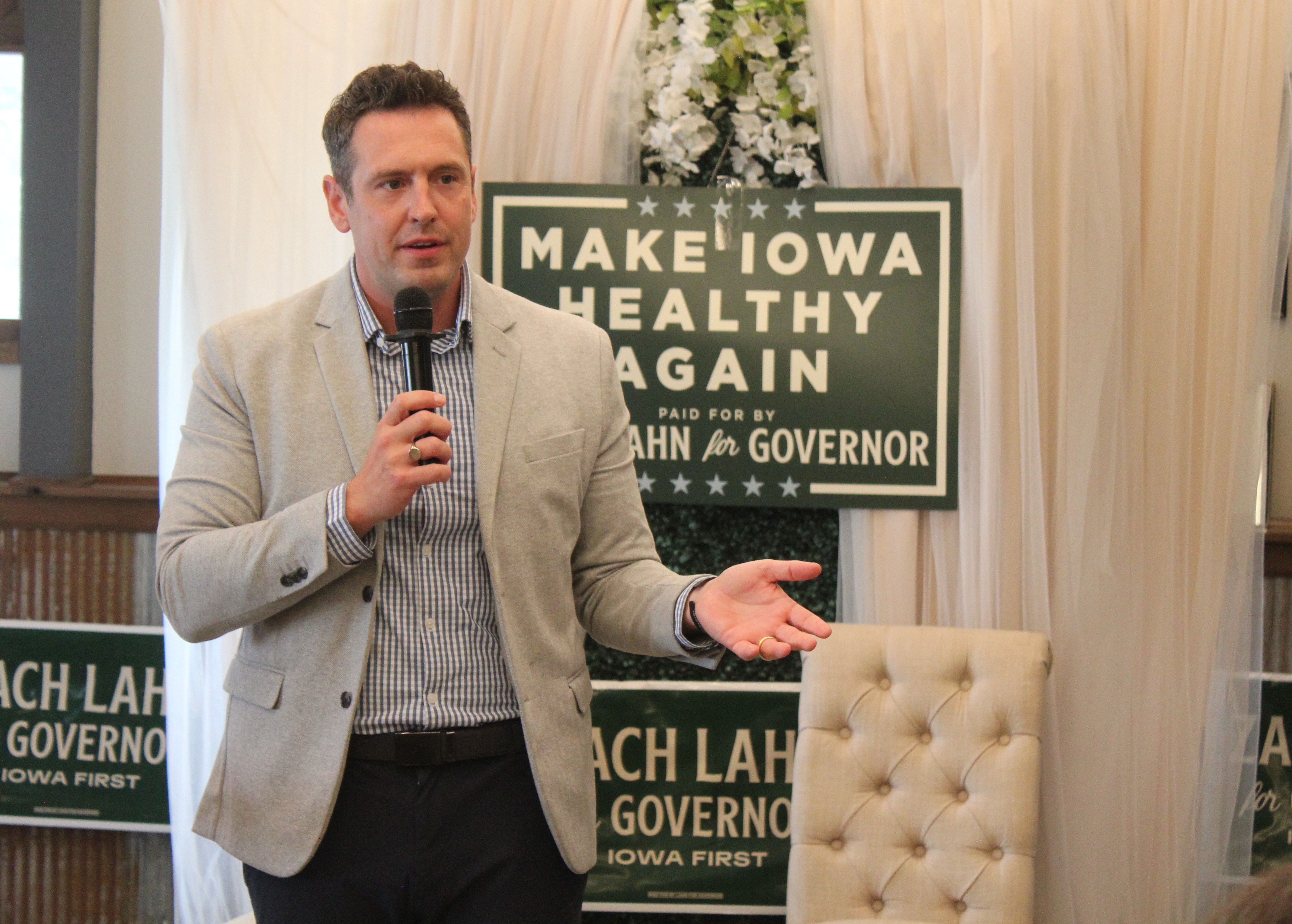 Zach Lahn, Republican candidate for Iowa governor, during a campaign event in Newton, Iowa, May 28, 2026.