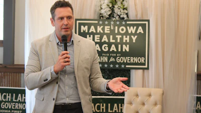 Zach Lahn, Republican candidate for Iowa governor, during a campaign event in Newton, Iowa, May 28, 2026.