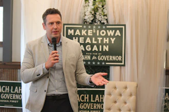 Zach Lahn, Republican candidate for Iowa governor, during a campaign event in Newton, Iowa, May 28, 2026.