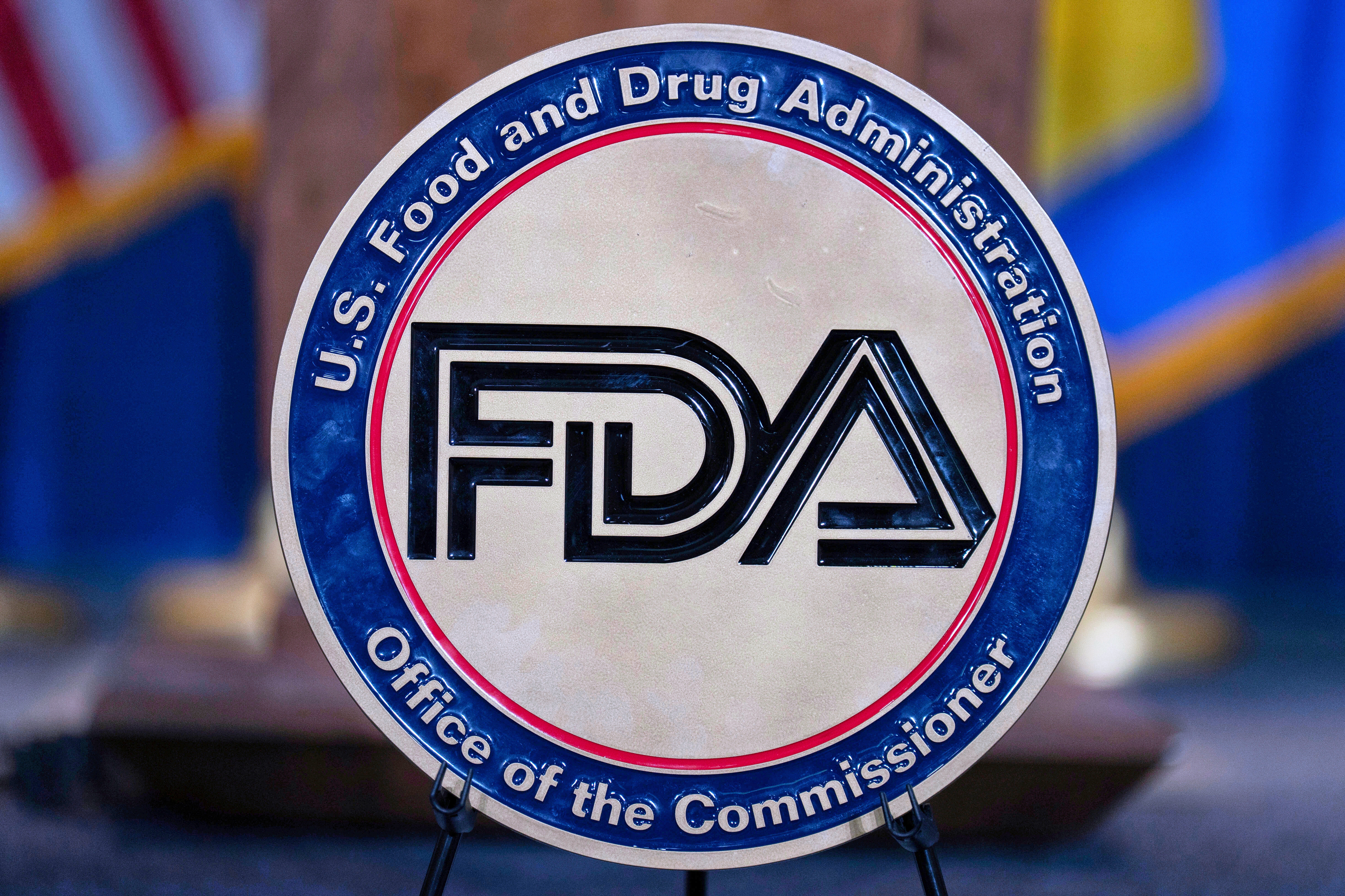 The Food and Drug Administration seal at the Hubert Humphrey Building Auditorium in Washington, April 22, 2025.