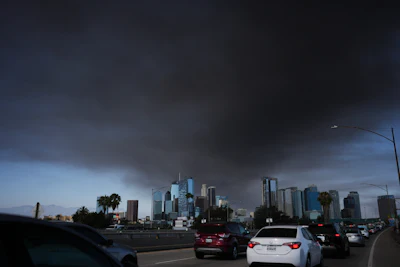 Smoke from a warehouse fire is seen in Los Angeles, June 17, 2026.