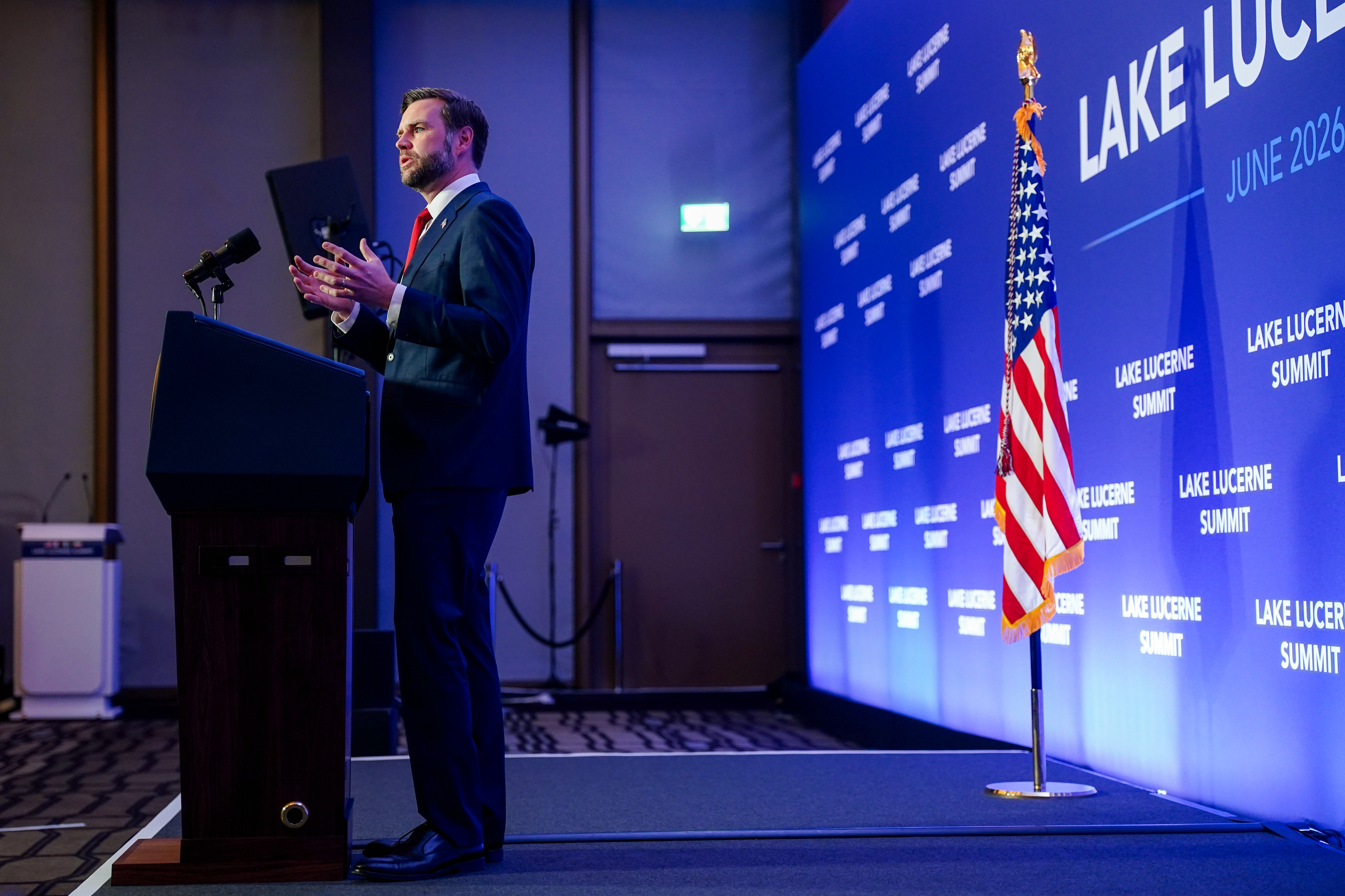 Vice President JD Vance at a press conference at the B&uuml;rgenstock Resort in Obbuergen, Switzerland, June 22, 2026.