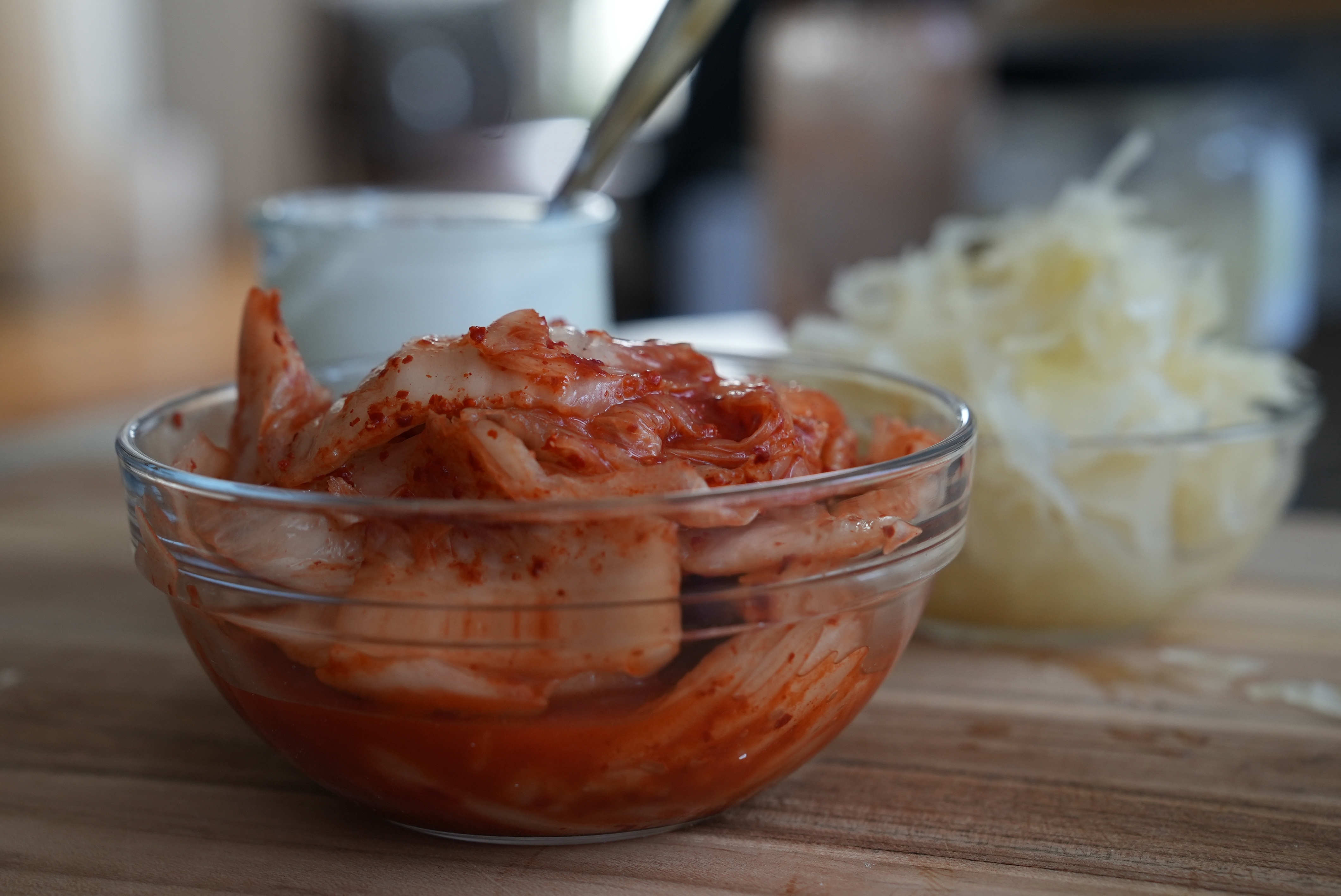 Kimchi, sauerkraut and yogurt displayed on a kitchen table in New York, July 10, 2026.