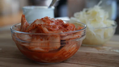 Kimchi, sauerkraut and yogurt displayed on a kitchen table in New York, July 10, 2026.