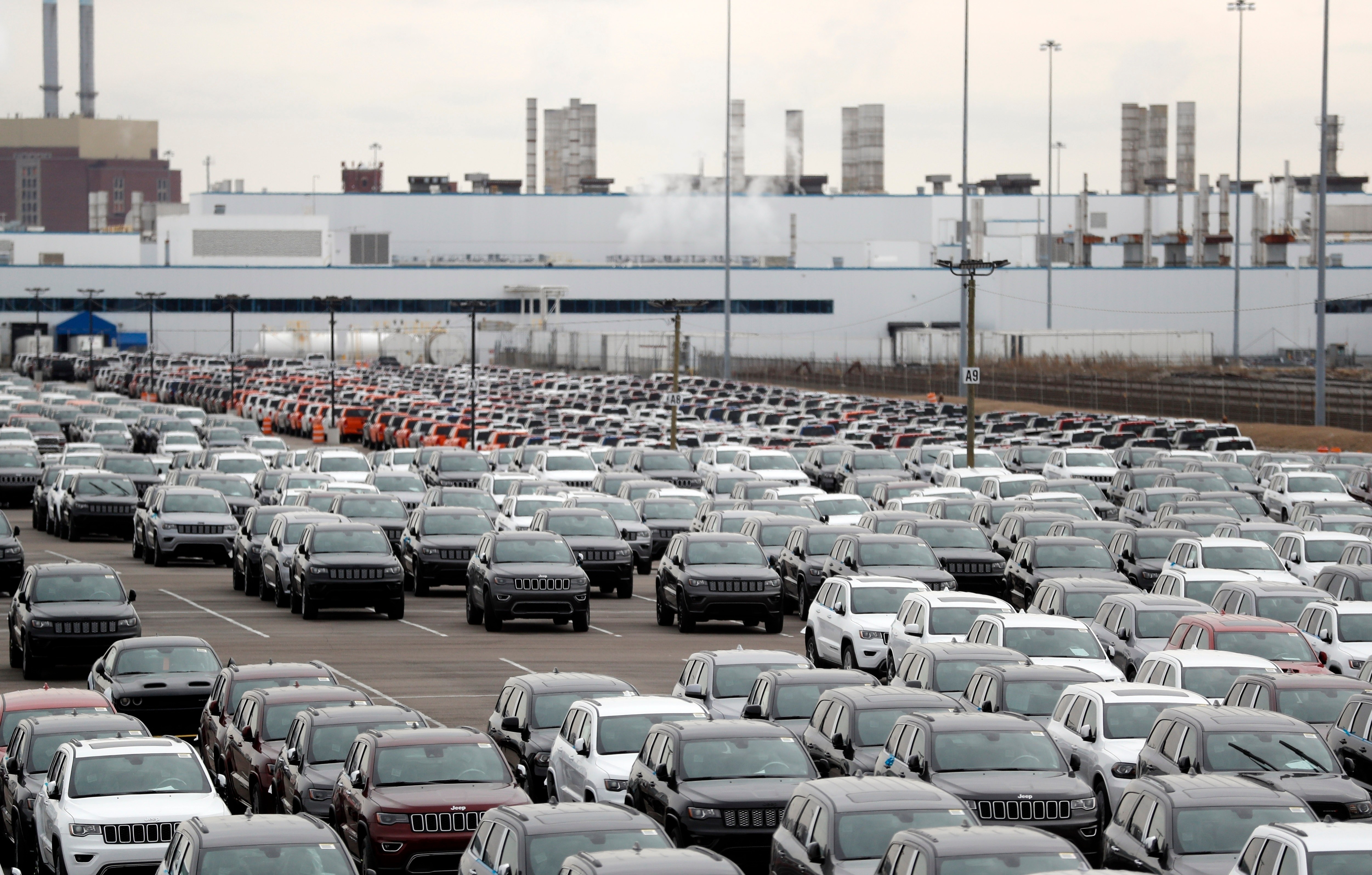 Jeep vehicles outside the Jefferson North Assembly Plant, Detroit, Feb. 26, 2019.