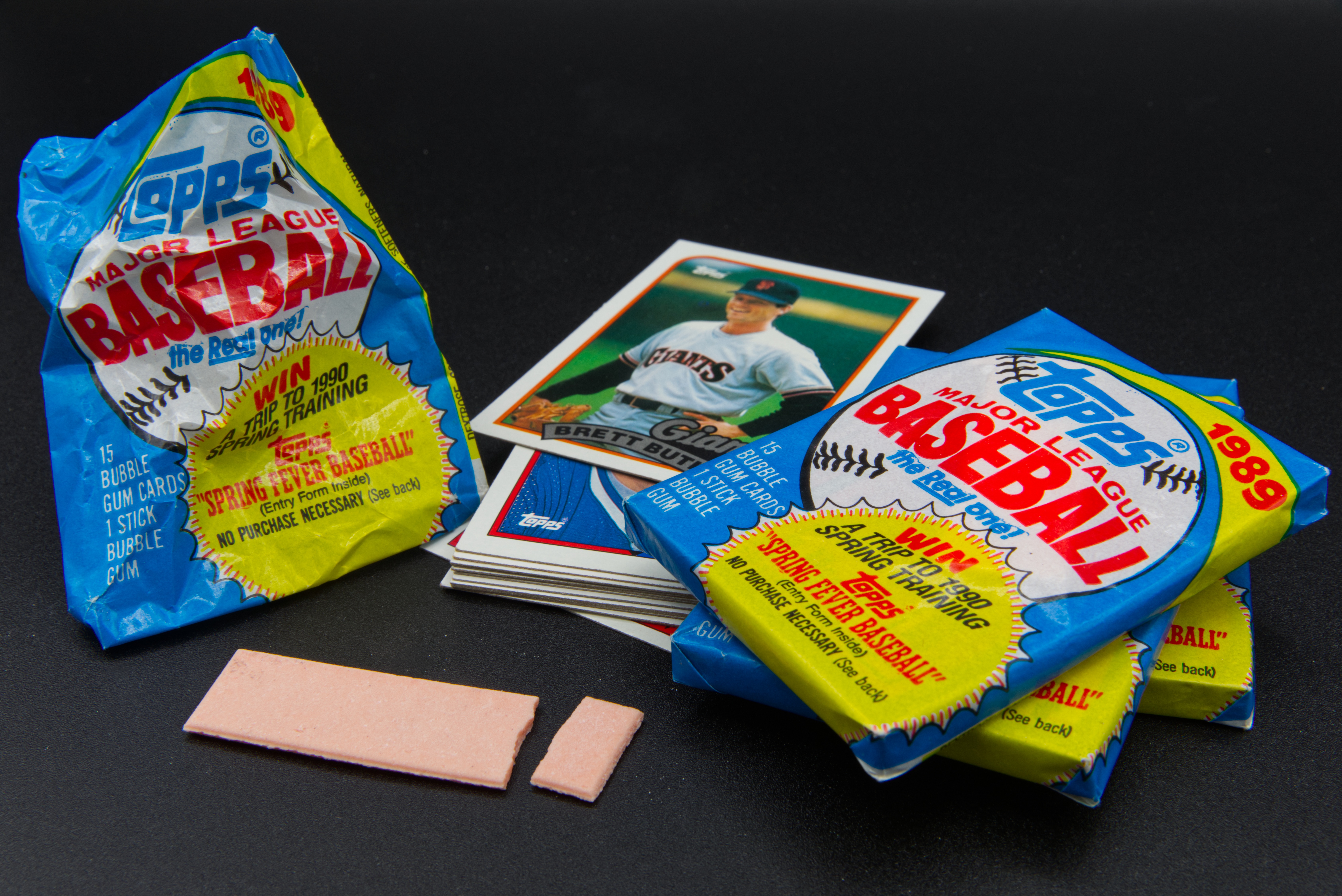 Baseball trading cards, gum and packs are displayed in Phoenix, July 15, 2026.