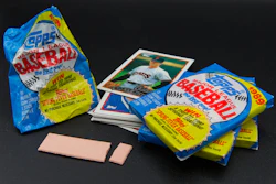 Baseball trading cards, gum and packs are displayed in Phoenix, July 15, 2026.