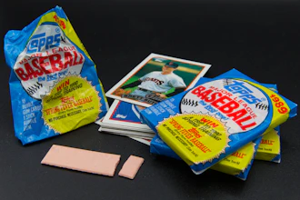 Baseball trading cards, gum and packs are displayed in Phoenix, July 15, 2026.