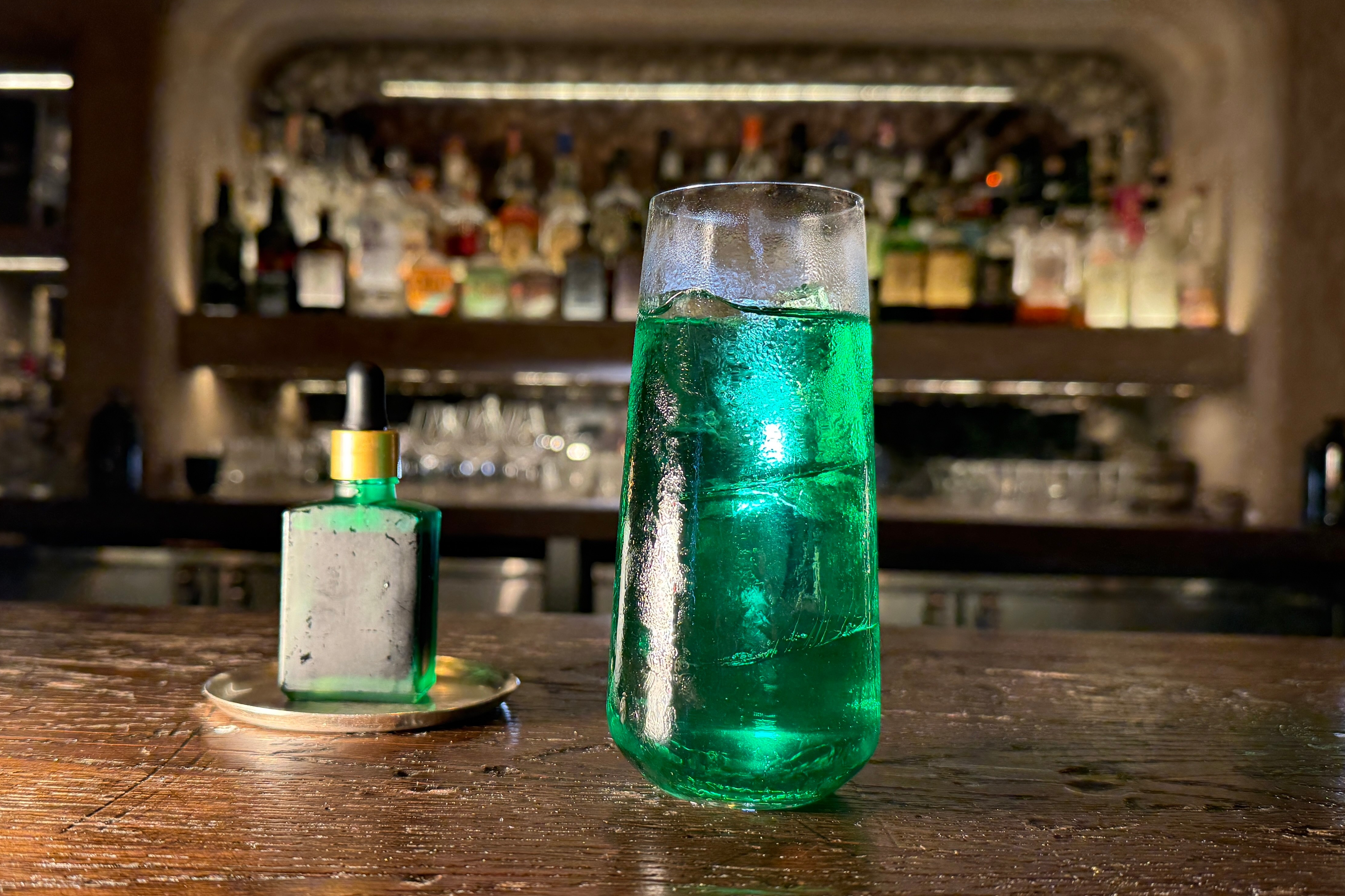 A spicy cocktail called Green Doctor, made with tomatillo, green apple, shiso and horseradish, shown in New York, June 23, 2026.
