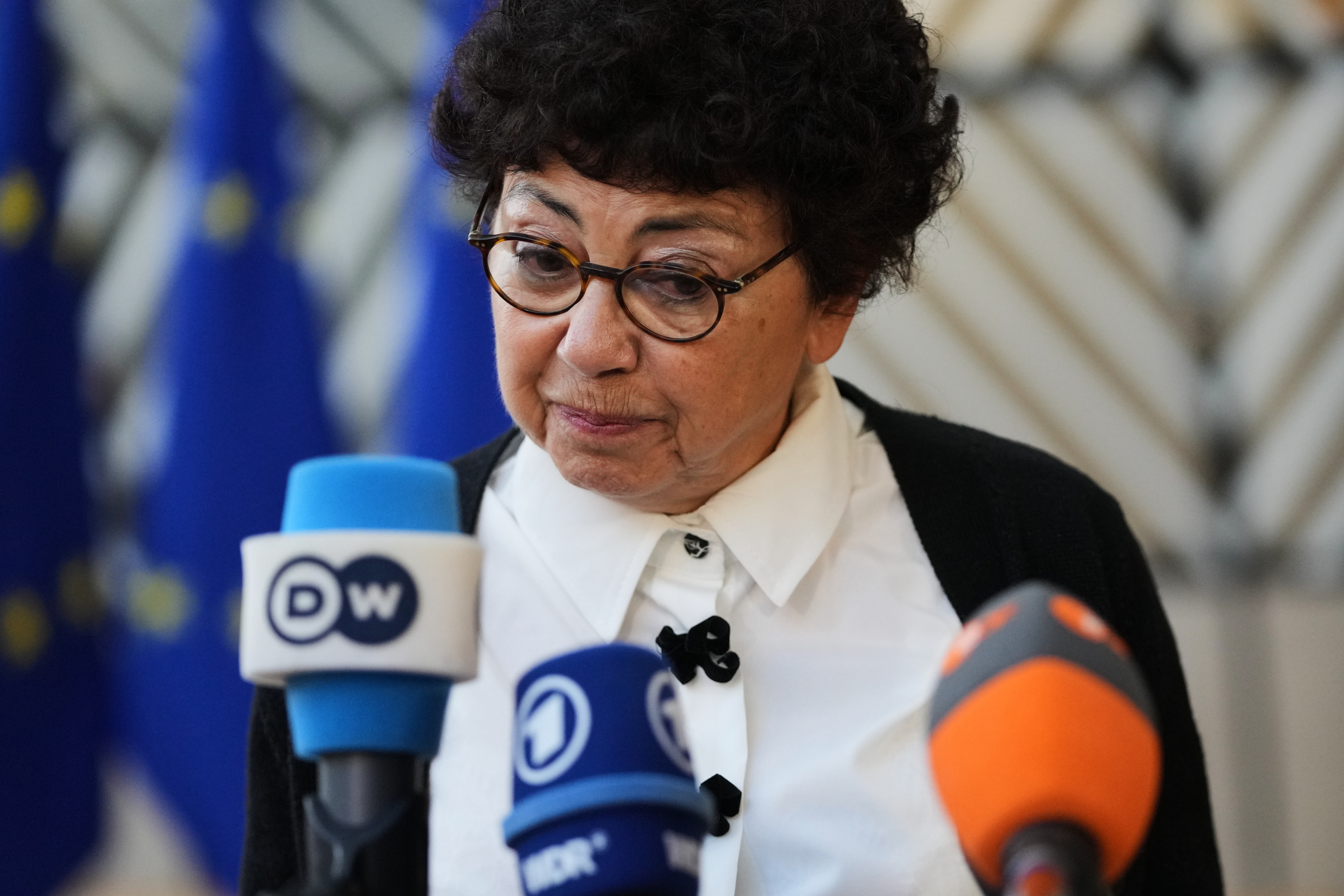 French Minister of Ecological Transition Monique Barbut at the European Council building in Brussels, Nov. 4, 2025.