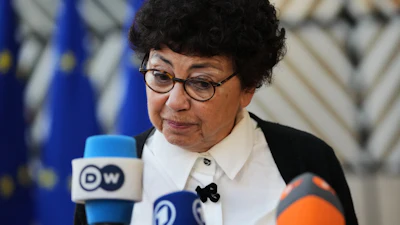French Minister of Ecological Transition Monique Barbut at the European Council building in Brussels, Nov. 4, 2025.