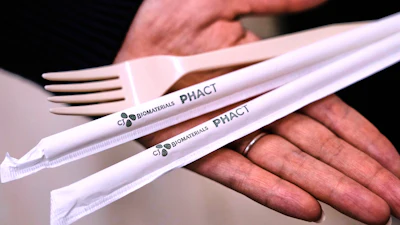 Compostable straws and a fork are displayed at CJ Biomaterials, Woburn, Mass., Aug. 3, 2026.