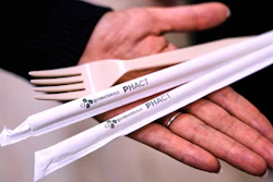 Compostable straws and a fork are displayed at CJ Biomaterials, Woburn, Mass., Aug. 3, 2026.