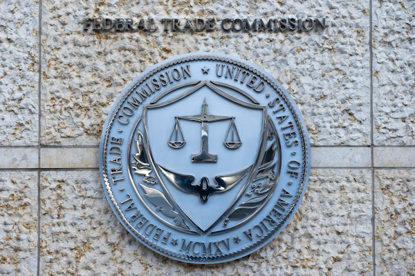 The seal of the Federal Trade Commission on an office building in Washington, Feb. 13, 2026.