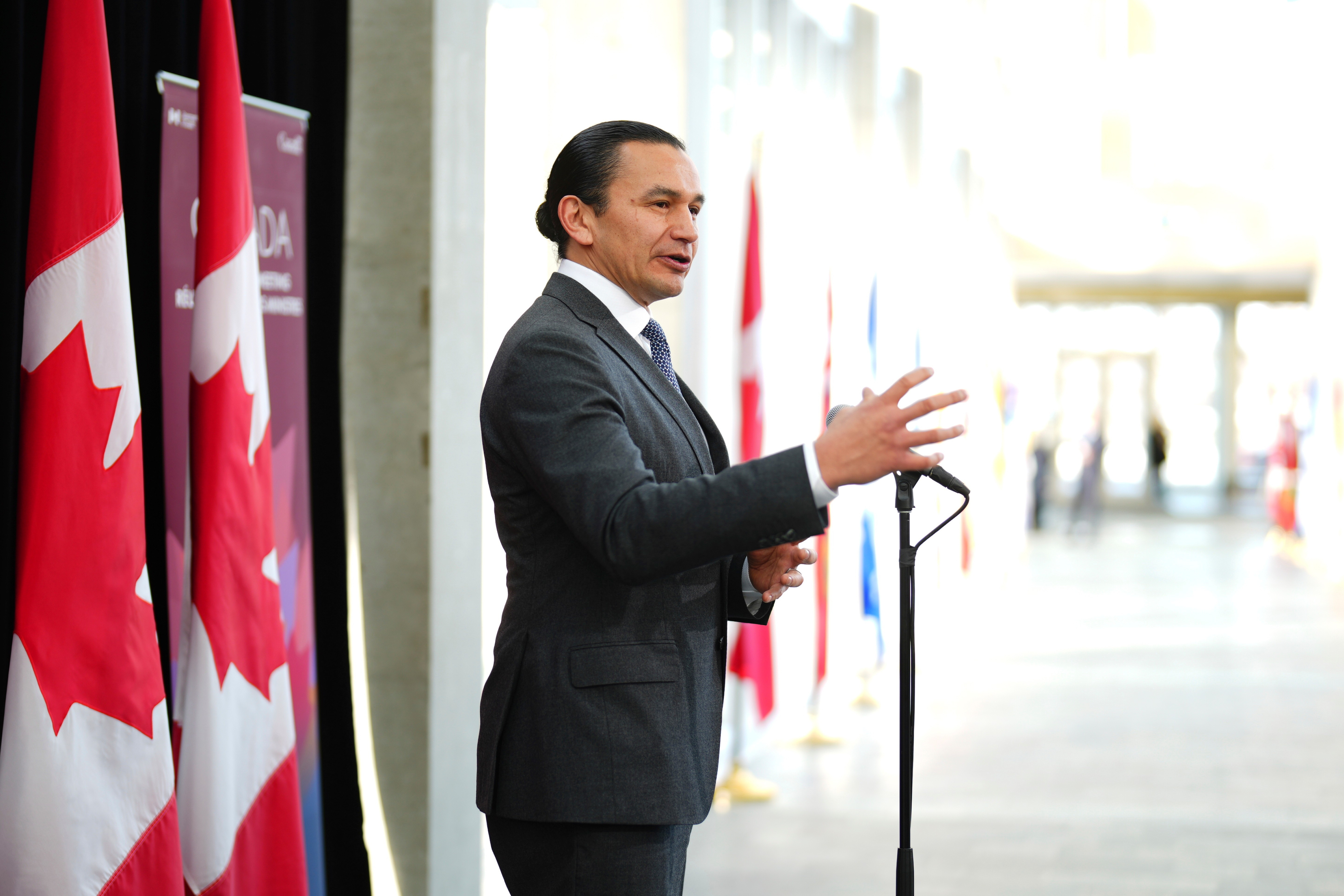 Manitoba Premier Wab Kinew talks to media as he arrives for a first ministers meeting in Ottawa, Jan. 15, 2025.