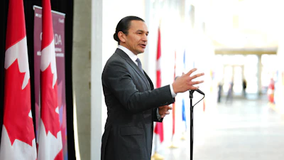 Manitoba Premier Wab Kinew talks to media as he arrives for a first ministers meeting in Ottawa, Jan. 15, 2025.