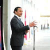 Manitoba Premier Wab Kinew talks to media as he arrives for a first ministers meeting in Ottawa, Jan. 15, 2025.